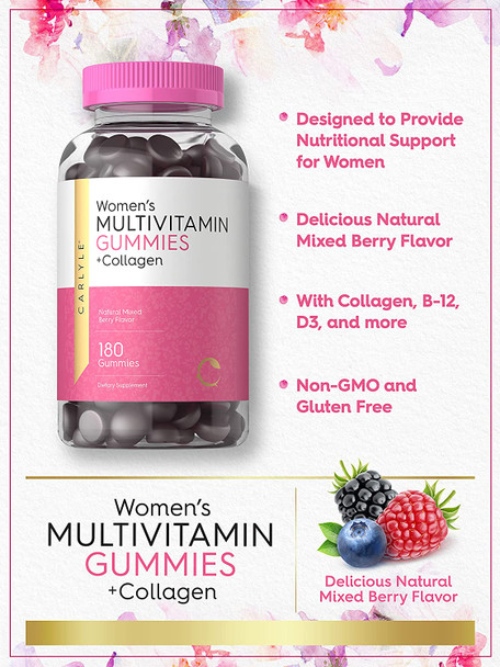 Carlyle Multivitamin For Women | 180 Gummies | Mixed Berry Flavor | With Collagen | Non-Gmo, Gluten Free Supplement