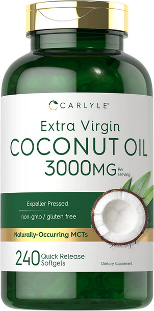 Coconut Oil Softgel Capsules | 3000 mg | 240 Count | Non-GMO and Gluten Free Extra Virgin Supplement | Naturally Occurring MCTs | by Carlyle