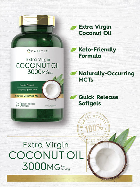 Coconut Oil Softgel Capsules | 3000 mg | 240 Count | Non-GMO and Gluten Free Extra Virgin Supplement | Naturally Occurring MCTs | by Carlyle