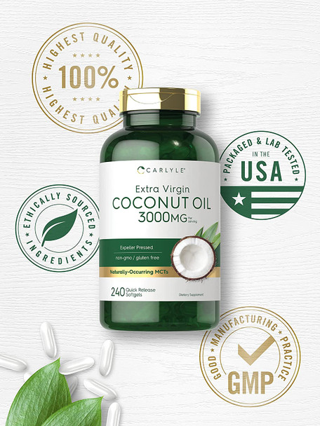Coconut Oil Softgel Capsules | 3000 mg | 240 Count | Non-GMO and Gluten Free Extra Virgin Supplement | Naturally Occurring MCTs | by Carlyle Coconut Oil Softgel Capsules | 3000 mg | 240 Count | Non-GMO and Gluten Free Extra Virgin Supplement | Naturally Occurring MCTs | by Carlyle