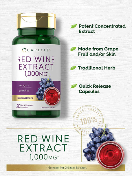 Red Wine Extract Capsules | 1000mg | 120 Count | Non-GMO and Gluten Free Supplement | by Carlyle