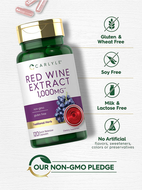 Red Wine Extract Capsules | 1000mg | 120 Count | Non-GMO and Gluten Free Supplement | by Carlyle