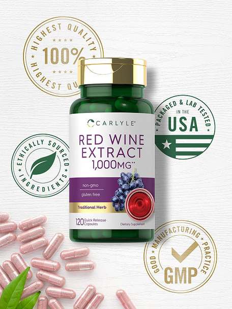 Red Wine Extract Capsules | 1000mg | 120 Count | Non-GMO and Gluten Free Supplement | by Carlyle