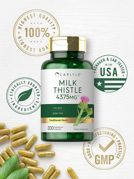Milk Thistle Capsules | 4375mg | 200 Count | High Potency Extract | Vegetarian, Non-GMO, Gluten Free | by Carlyle