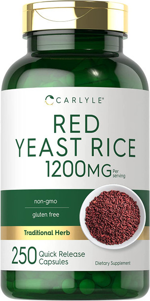 Carlyle Red Yeast Rice 1200 mg | 250 Capsules | Non-GMO, Gluten Free Supplement