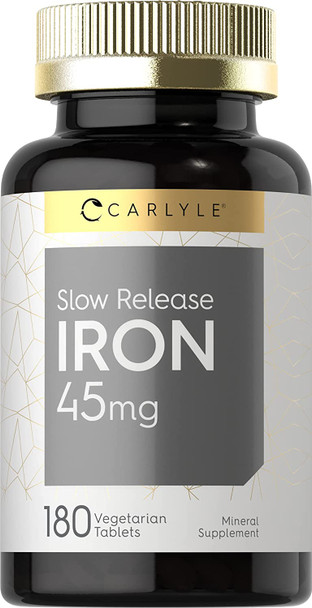 Slow Release Iron 45 mg | 180 Tablets | Vegetarian, Non-GMO, and Gluten Free Formula | Ferrous Sulfate Mineral Supplement | by Carlyle