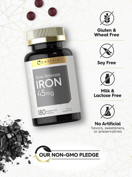 Slow Release Iron 45 mg | 180 Tablets | Vegetarian, Non-GMO, and Gluten Free Formula | Ferrous Sulfate Mineral Supplement | by Carlyle