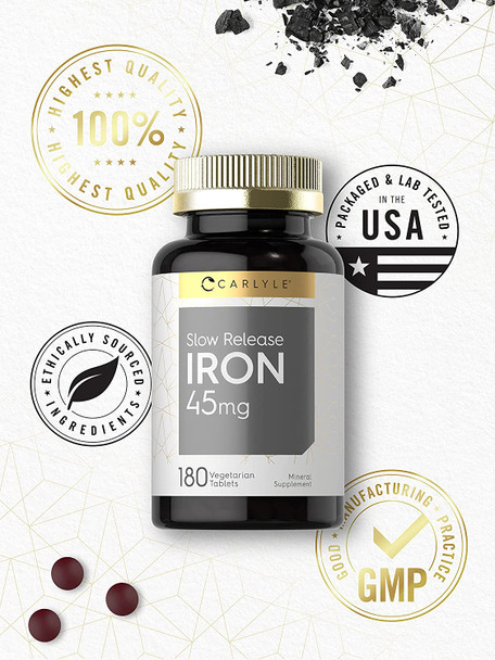 Slow Release Iron 45 mg | 180 Tablets | Vegetarian, Non-GMO, and Gluten Free Formula | Ferrous Sulfate Mineral Supplement | by Carlyle