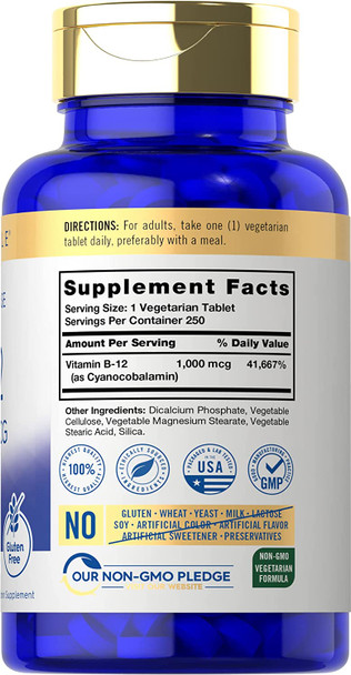 Carlyle Vitamin B12 1000 mcg | 250 Count | Time Release Tablets | Vegetarian, Non-GMO, and Gluten Free Supplement