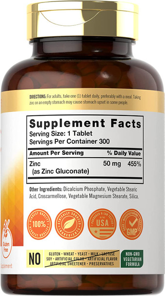 Zinc 50Mg | 300 Tablets | Vegetarian, Non-Gmo, And Gluten Free Supplement | Zinc Gluconate | High Potency Formula | By Carlyle