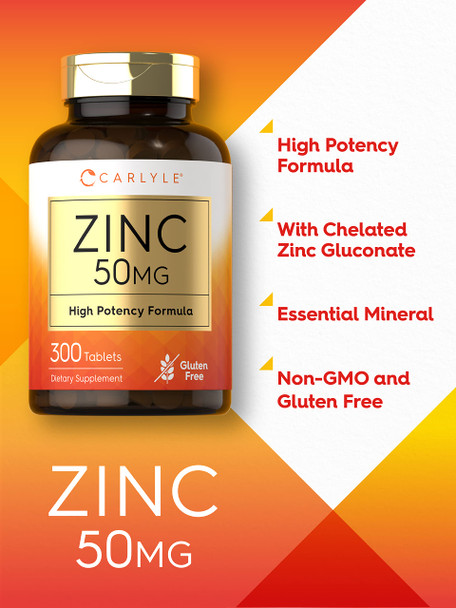 Zinc 50Mg | 300 Tablets | Vegetarian, Non-Gmo, And Gluten Free Supplement | Zinc Gluconate | High Potency Formula | By Carlyle