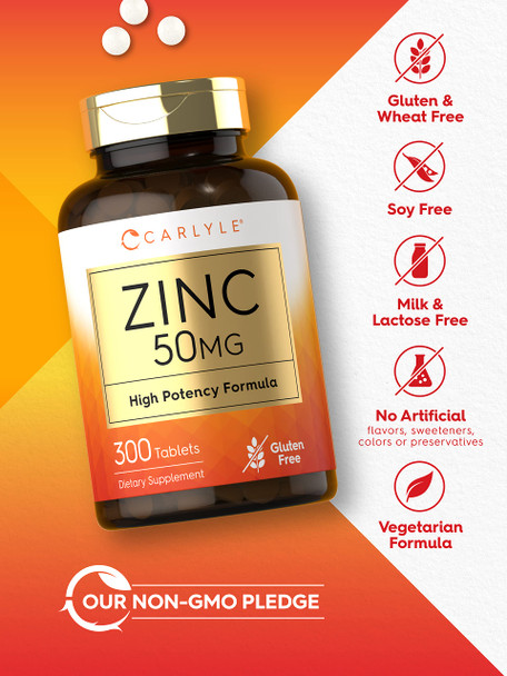 Zinc 50Mg | 300 Tablets | Vegetarian, Non-Gmo, And Gluten Free Supplement | Zinc Gluconate | High Potency Formula | By Carlyle