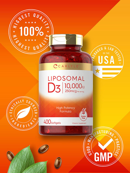 Carlyle Liposomal Vitamin D3 | 10,000 iu | 400 Softgels | Non-GMO and Gluten Free Formula | High Potency Vitamin D Supplement
