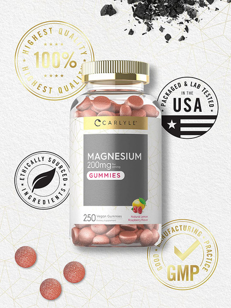 Magnesium Gummies | 200mg | 250 Count | Vegan, Non-GMO, and Gluten Free Formula | Natural Lemon Raspberry Flavor | by Carlyle