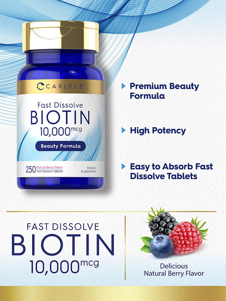 Carlyle Biotin 10000Mcg | 250 Fast Dissolve Tablets | Max Strength | Vegetarian, Non-Gmo, Gluten Free Supplement