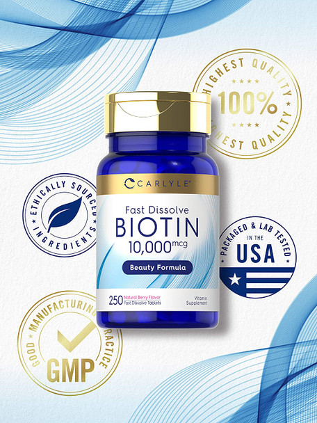 Carlyle Biotin 10000Mcg | 250 Fast Dissolve Tablets | Max Strength | Vegetarian, Non-Gmo, Gluten Free Supplement