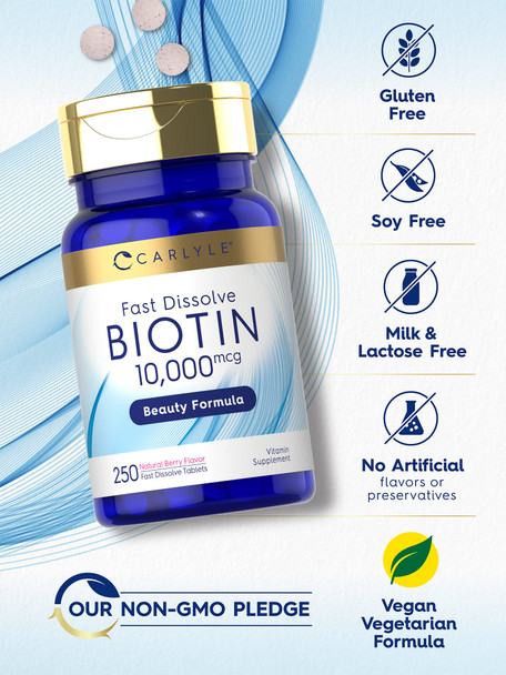 Carlyle Biotin 10000Mcg | 250 Fast Dissolve Tablets | Max Strength | Vegetarian, Non-Gmo, Gluten Free Supplement