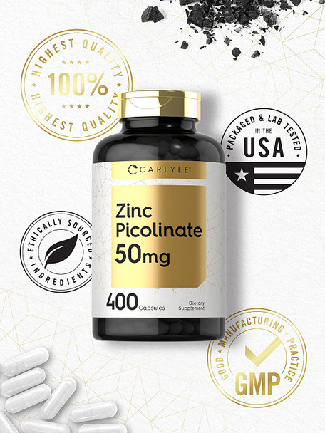 Zinc Picolinate 50mg | 400 Capsules | Value Size | Non-GMO and Gluten Free Supplement | by Carlyle