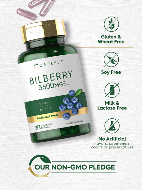 Carlyle Bilberry Extract Capsules | 3600Mg | 200 Count | Vegetarian, Non-Gmo, Gluten Free Fruit Supplement