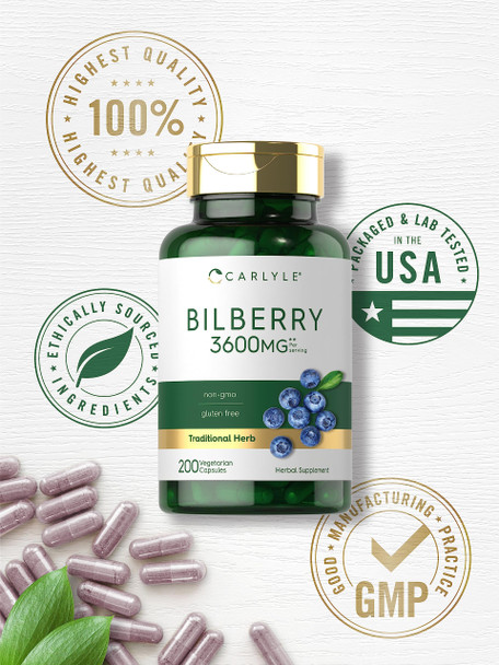 Carlyle Bilberry Extract Capsules | 3600Mg | 200 Count | Vegetarian, Non-Gmo, Gluten Free Fruit Supplement