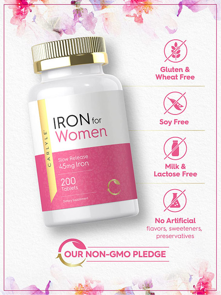 Iron Supplement for Women 45mg | 200 Tablets | Vegetarian, Non-GMO, Gluten Free, Slow Release Pills | by Carlyle