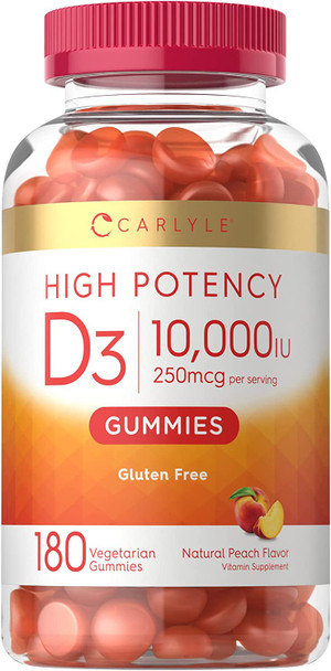 Carlyle Vitamin D3 Gummies | 10,000 iu | 180 Count | Vegetarian, Non-GMO, and Gluten Free Formula | High Potency Vitamin D Supplement | Natural Peach Flavored Gummies