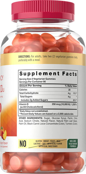 Carlyle Vitamin D3 Gummies | 10,000 iu | 180 Count | Vegetarian, Non-GMO, and Gluten Free Formula | High Potency Vitamin D Supplement | Natural Peach Flavored Gummies