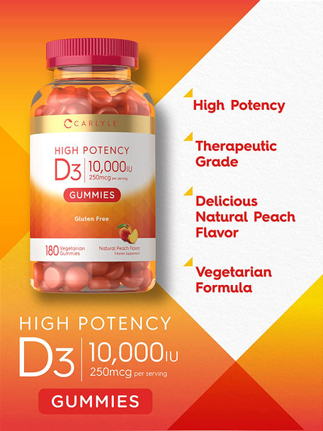 Carlyle Vitamin D3 Gummies | 10,000 iu | 180 Count | Vegetarian, Non-GMO, and Gluten Free Formula | High Potency Vitamin D Supplement | Natural Peach Flavored Gummies