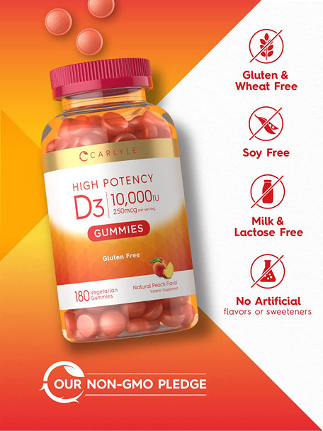 Carlyle Vitamin D3 Gummies | 10,000 iu | 180 Count | Vegetarian, Non-GMO, and Gluten Free Formula | High Potency Vitamin D Supplement | Natural Peach Flavored Gummies