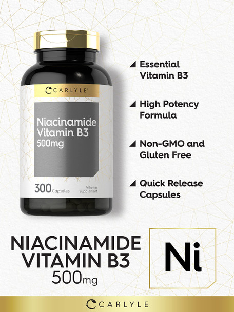 Carlyle Niacinamide Vitamin B3 | 500Mg | 300 Capsules | Non-Gmo, Gluten Free Supplement