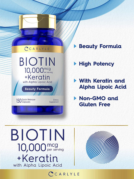 Carlyle Biotin 10000Mcg | 150 Capsules | Beauty Formula With Keratin | Non-Gmo, Gluten Free Supplement