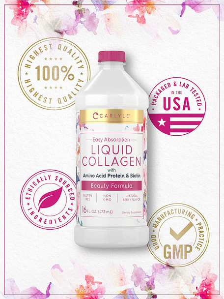 Carlyle Liquid Collagen 16 fl oz | with Biotin and Amino Acid Protein | Natural Berry Flavor | Non-GMO, Gluten Free