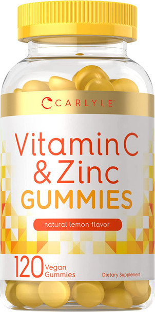 Carlyle Vitamin C and Zinc Gummies | 120 Count | Vegan , Non-GMO, Gluten Free Supplement | Natural Honey Lemon Flavor