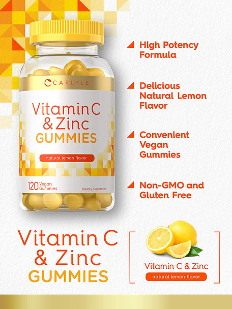 Carlyle Vitamin C and Zinc Gummies | 120 Count | Vegan , Non-GMO, Gluten Free Supplement | Natural Honey Lemon Flavor