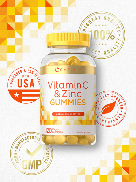 Carlyle Vitamin C and Zinc Gummies | 120 Count | Vegan , Non-GMO, Gluten Free Supplement | Natural Honey Lemon Flavor
