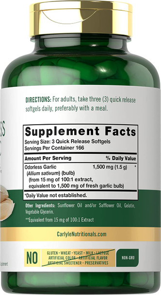 Carlyle Odorless Garlic Softgels 1500mg | 500 Pills | Non-GMO, Gluten Free Extract Supplement