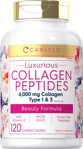 Collagen with Vitamin C | 6000mg | 120 Capsules | Multi Collagen Peptide Pills | Type 1 and 3 | Non-GMO, Gluten Free, Grass Fed | Carlyle