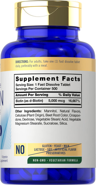 Carlyle Biotin 5000Mcg | 500 Fast Dissolve Tablets | Vegetarian, Non-Gmo, Gluten Free Supplement