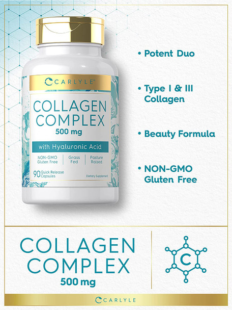 Carlyle Collagen with Hyaluronic Acid 500mg | 90 Capsule Pills | Hydrolyzed Collagen Supplement | Non-GMO, Gluten Free