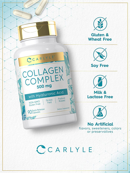 Carlyle Collagen with Hyaluronic Acid 500mg | 90 Capsule Pills | Hydrolyzed Collagen Supplement | Non-GMO, Gluten Free