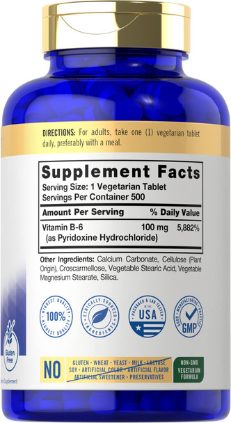 Carlyle Vitamin B6 100Mg | 500 Tablets | Vegetarian, Non-Gmo, Gluten Free Carlyle Vitamin B6 100Mg | 500 Tablets | Vegetarian, Non-Gmo, Gluten Free