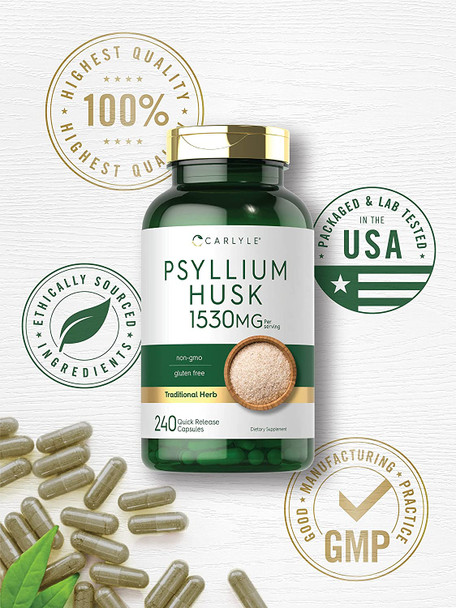 Carlyle Psyllium Husk Capsules | 1530mg | 240 Caps | High Potency Fiber Supplement | Non-GMO, Gluten Free