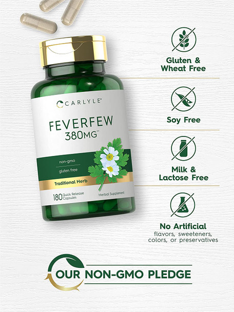 Carlyle Feverfew Capsules 380Mg | 180 Count | Traditional Herb Extract | Non-Gmo, Gluten Free