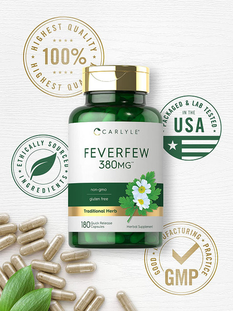 Carlyle Feverfew Capsules 380Mg | 180 Count | Traditional Herb Extract | Non-Gmo, Gluten Free