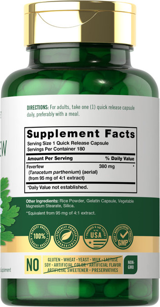 Carlyle Feverfew Capsules 380Mg | 180 Count | Traditional Herb Extract | Non-Gmo, Gluten Free