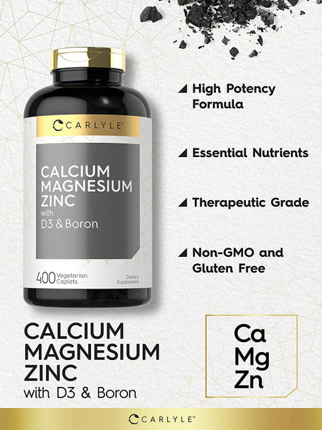 Calcium Magnesium Zinc | 400 Caplets | with Vitamin D3 and Boron | Vegetarian, Non-GMO Supplement | by Carlyle
