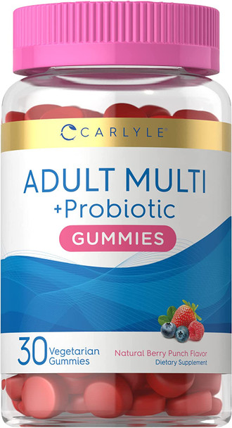 Adult Multivitamins Gummies | with Probiotic | 30 Count | Berry Punch Flavor | Vegetarian, Non-GMO, Gluten Free Supplement | by Carlyle