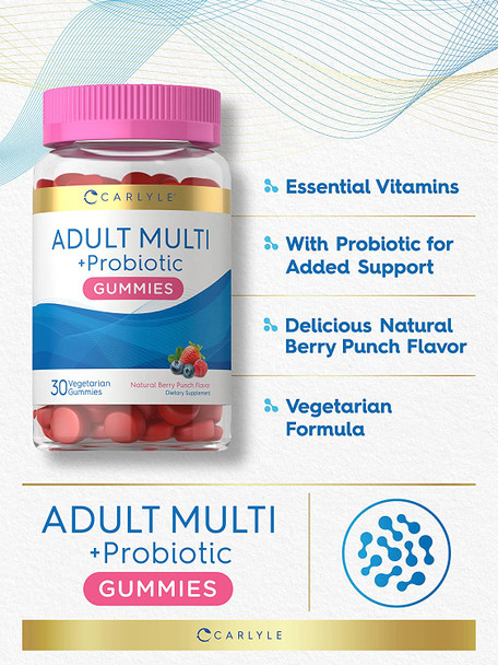 Adult Multivitamins Gummies | with Probiotic | 30 Count | Berry Punch Flavor | Vegetarian, Non-GMO, Gluten Free Supplement | by Carlyle
