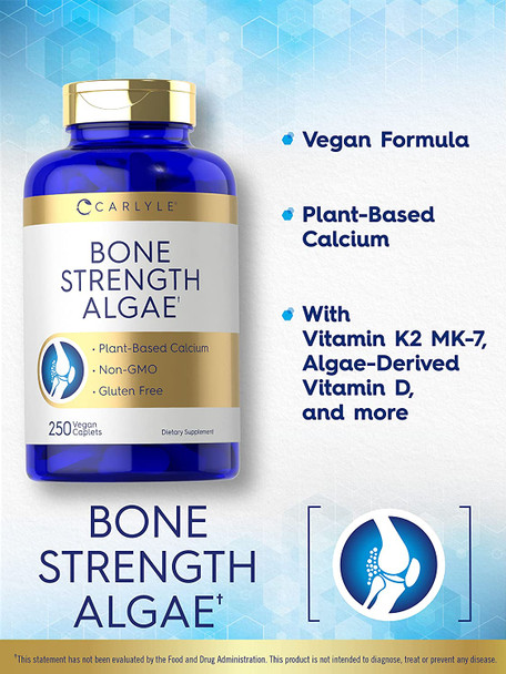 Bone Strength Algae Supplement | 250 Vegan Caplets | Plant-Based Calcium with Vitamin K2, D3, Magnesium | Non-GMO, & Gluten Free | by Carlyle