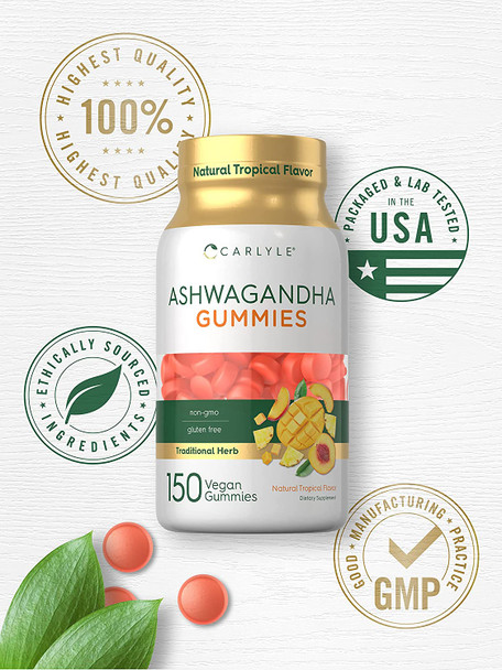 Carlyle Ashwagandha Gummies | 150 Count | Natural Tropical Flavor | Vegan, Non-GMO, Gluten Free Root Extract